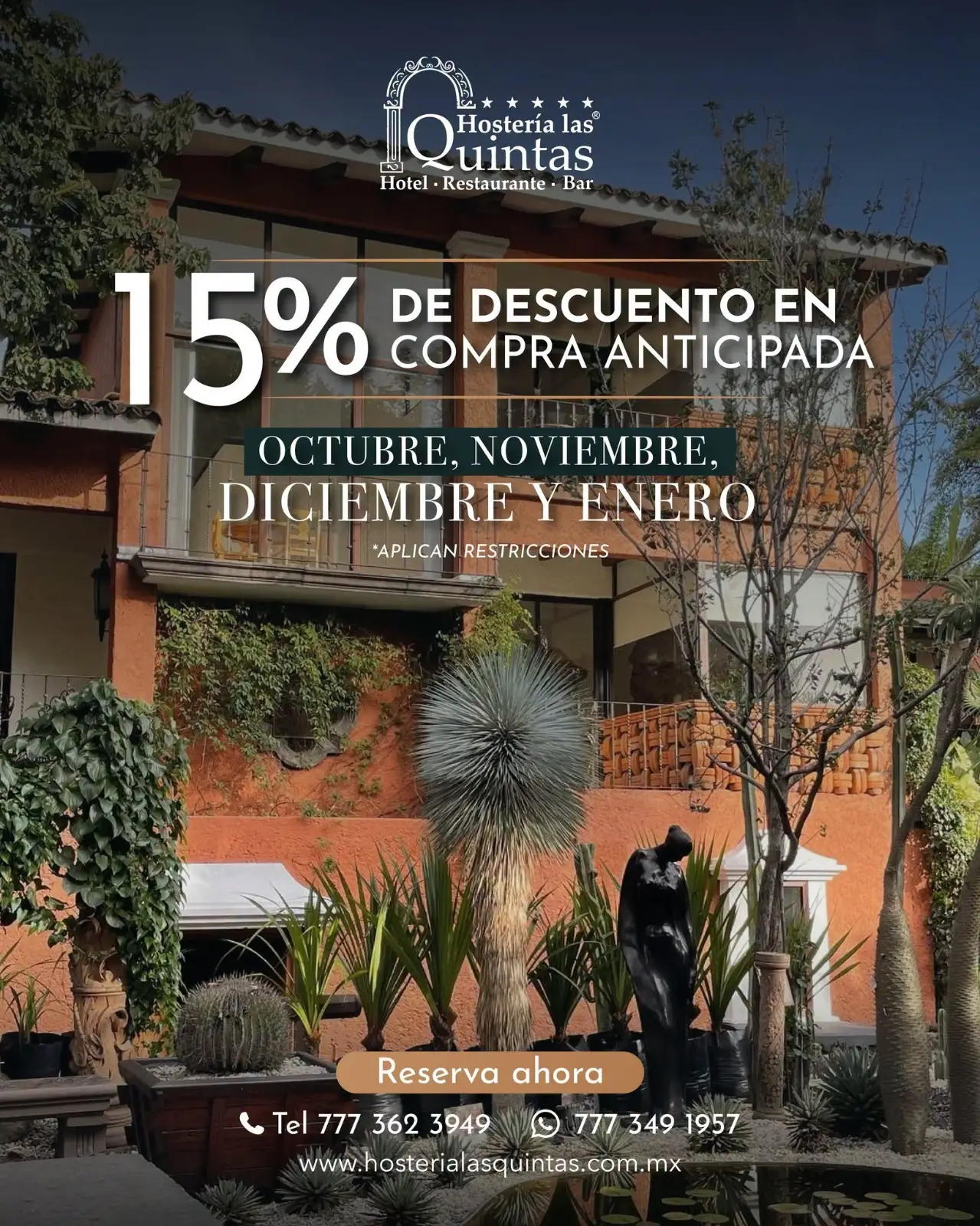 Reserva con anticipación y disfruta 15% de descuento en tu estancia.